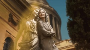 Eine Frau lehnt sich an eine Statue der Göttin Juno